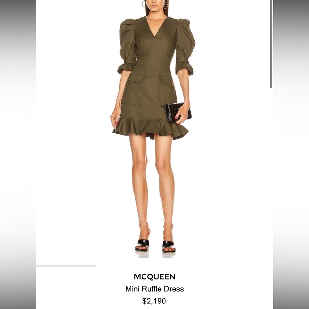 Alexander McQueen Olive Green Puff-Sleeve Mini Ruffle Dress